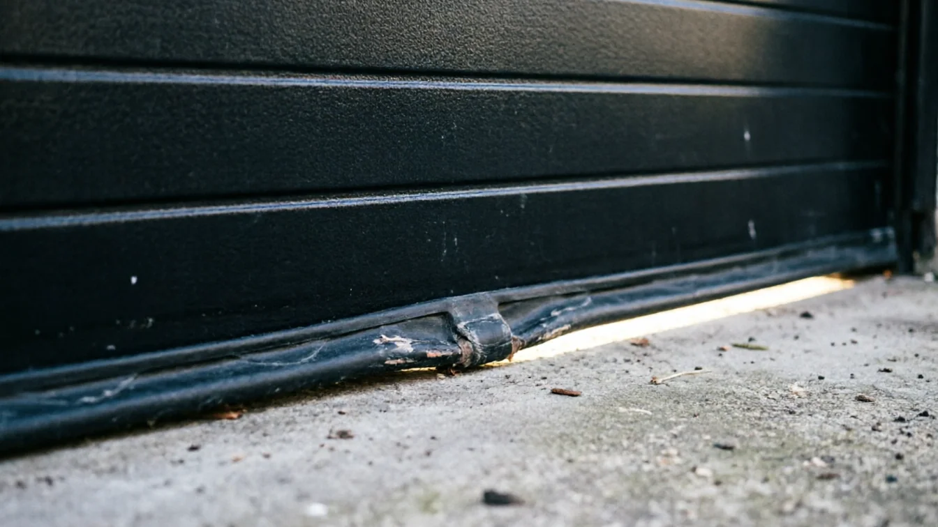 A black garage door with a damaged bottom seal and a gap at the bottom.