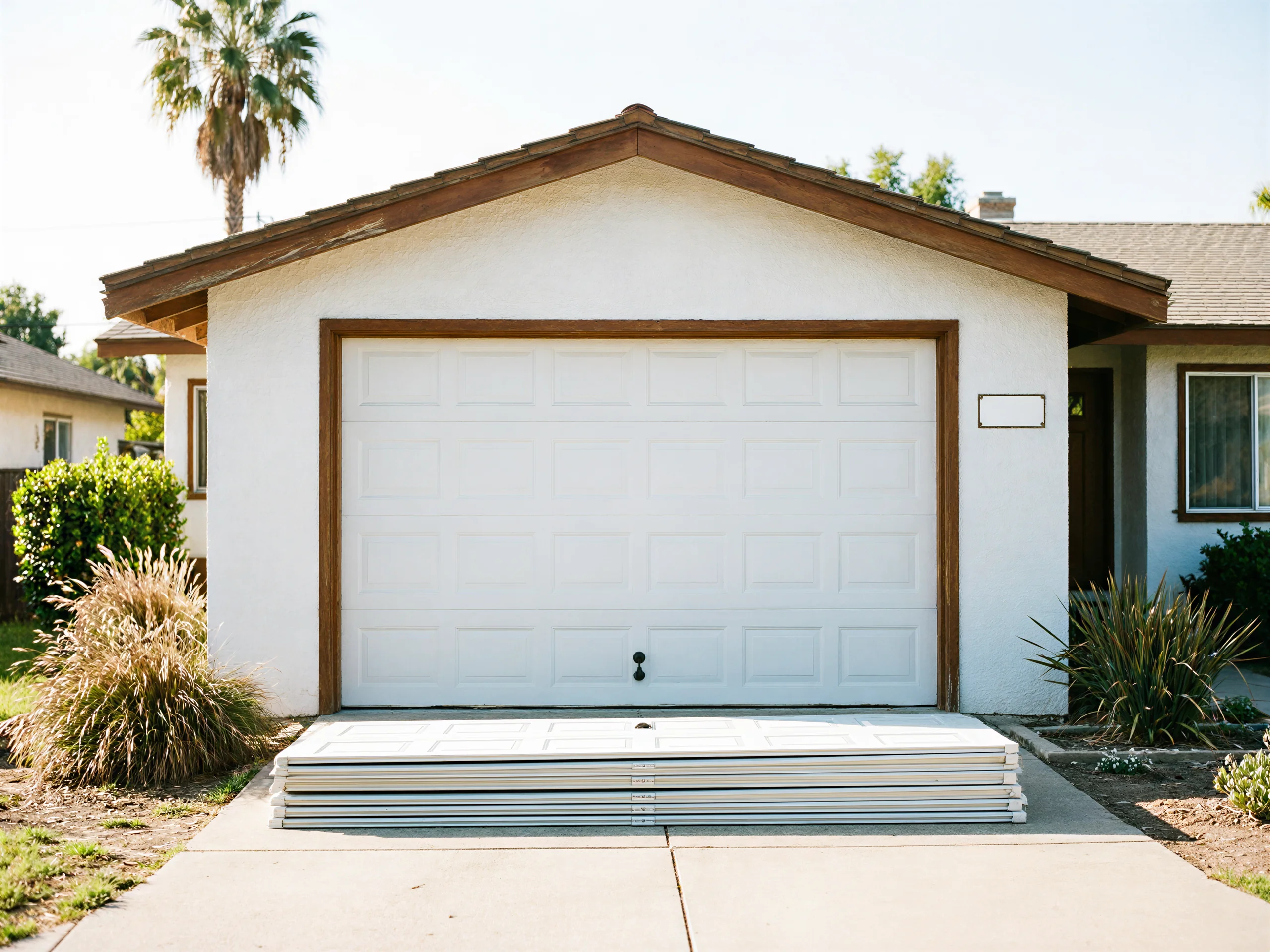 A white garage door is on a house with a stack of new garage door panels.