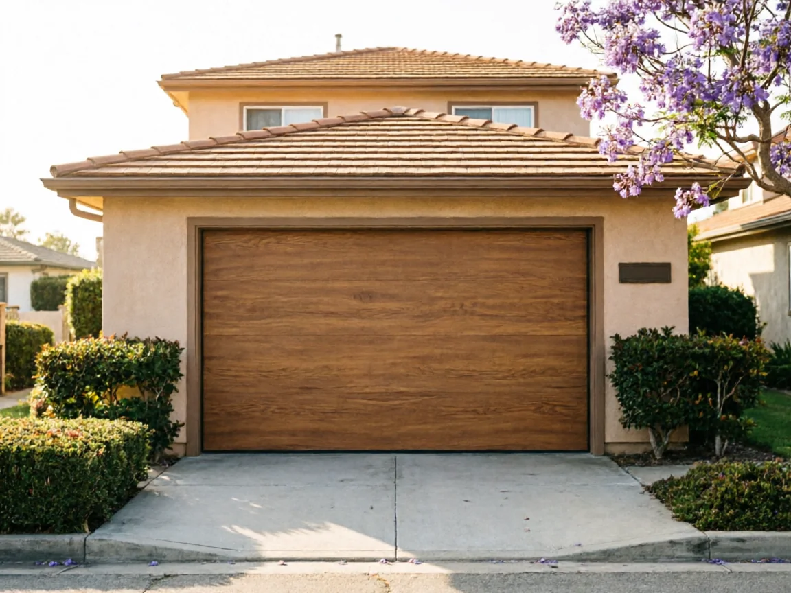 The garage door is brown wood-look, on a tan house with a tiled roof.