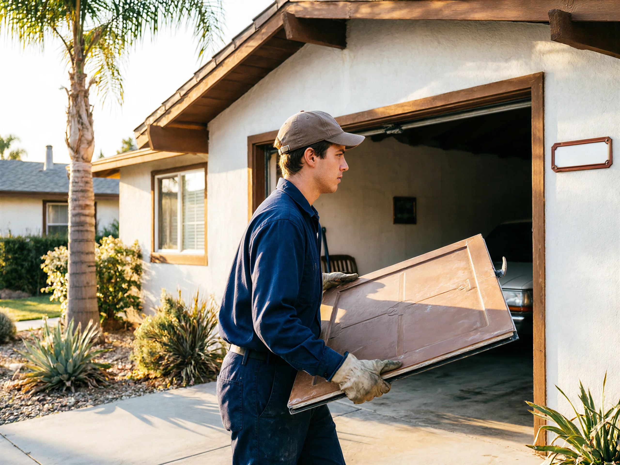 A technician in a blue uniform carries a brown garage door panel past a house.