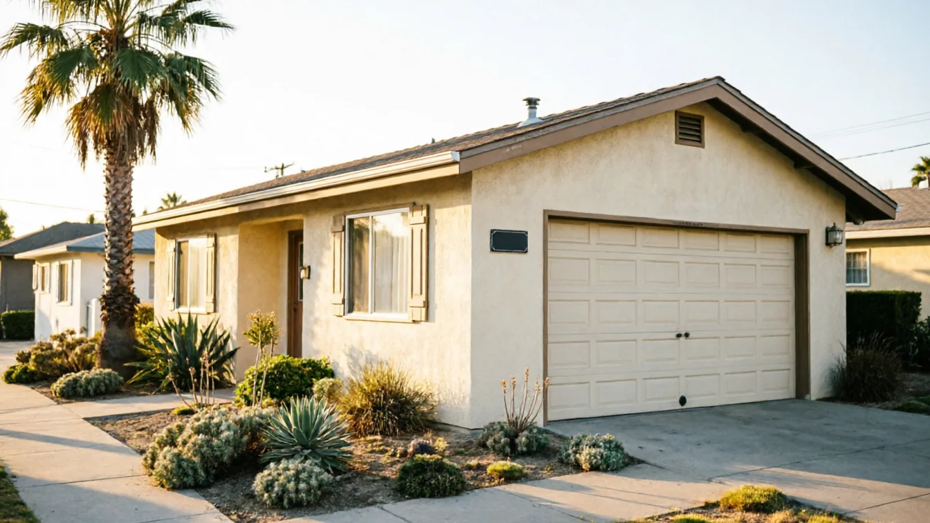 A beige house has a matching garage door, a palm tree, and desert landscaping.