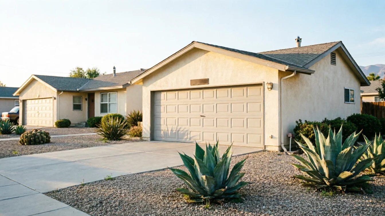 Two stucco houses with tan garage doors and desert landscaping are visible.