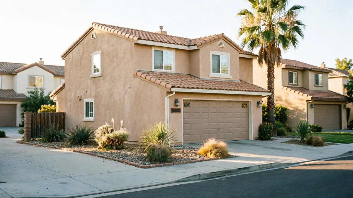 A two-story house with a tan garage door and a palm tree in the front yard.